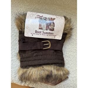 Muk Luks Boot Sweater Brown Faux Fur Knit Buckle Accent Lined Solid